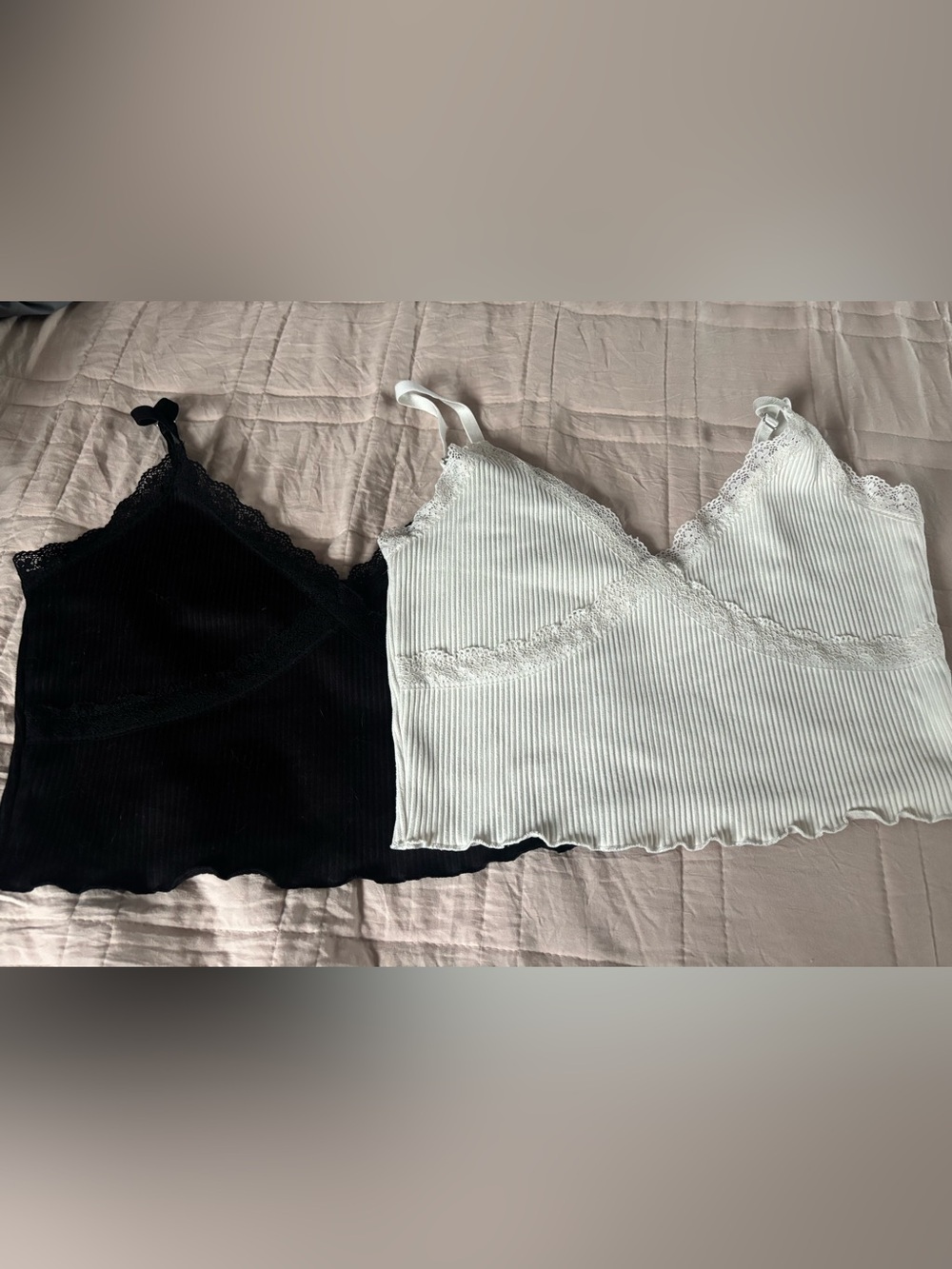 H&M Ribbed Lace-Trim Bandeau Set - White & Black
